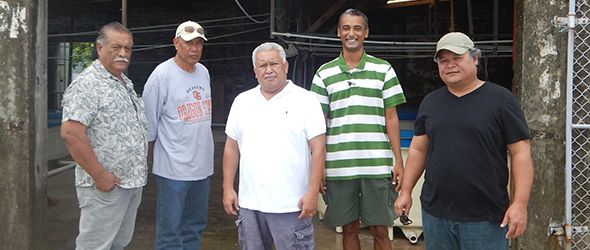 Left to Right OFA Administrator Mr. Casiano Shoniber, Dean CMI Land Grant Biuma Samson, RMI Ambassador to Washington DC Mr. Gerald Zackios,, Director and Chief Scientist COM Aquaculture , Dr. Manoj R. Nair , Minister of Education RMI and COM Board Member, Mr. Wilbur Heine in front of the COM Land Grant Nett Point Hatchery at Nett Point, Pohnpei State.